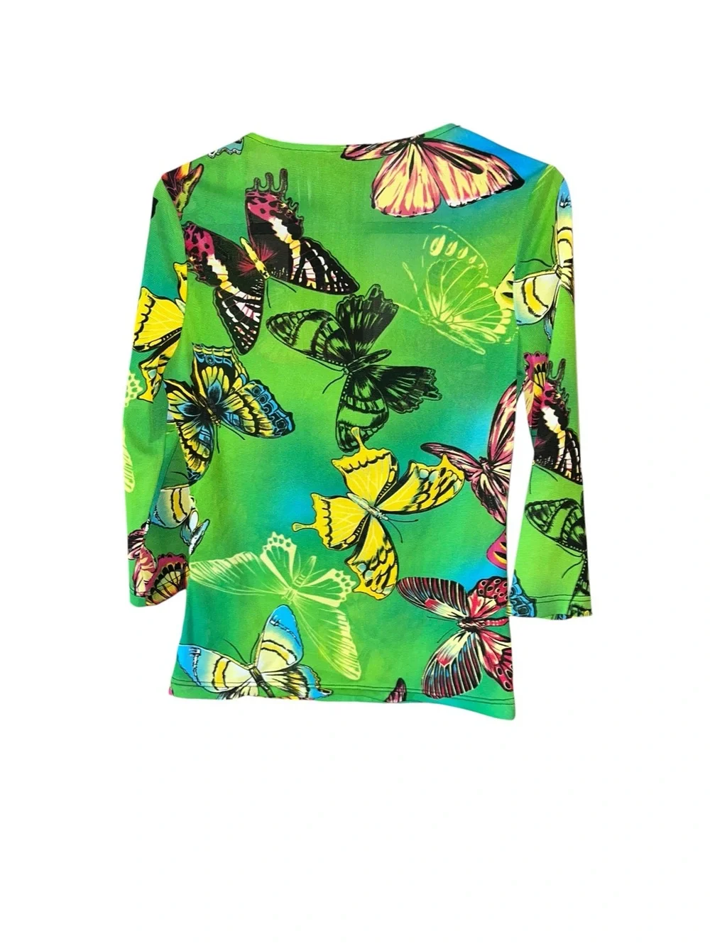 Vintage Y2K Tribal Green Mesh Butterfly V-Neck Gather 3/4 Sleeve Top Size S - Picture 4 of 4